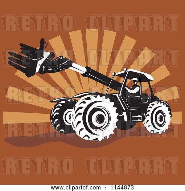 Vector Clip Art of Retro Guy Operating a Armed Tractor over Brown Rays