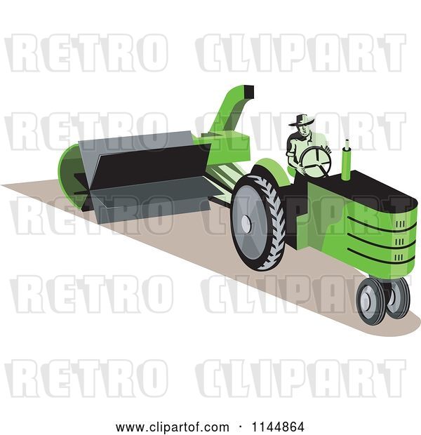 Vector Clip Art of Retro Guy Operating a Green Tractor