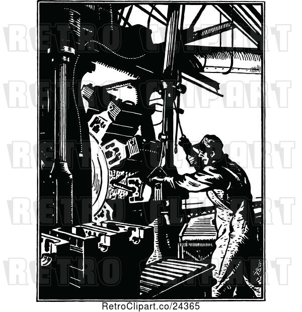Vector Clip Art of Retro Guy Operating a Rotary Milling Machine