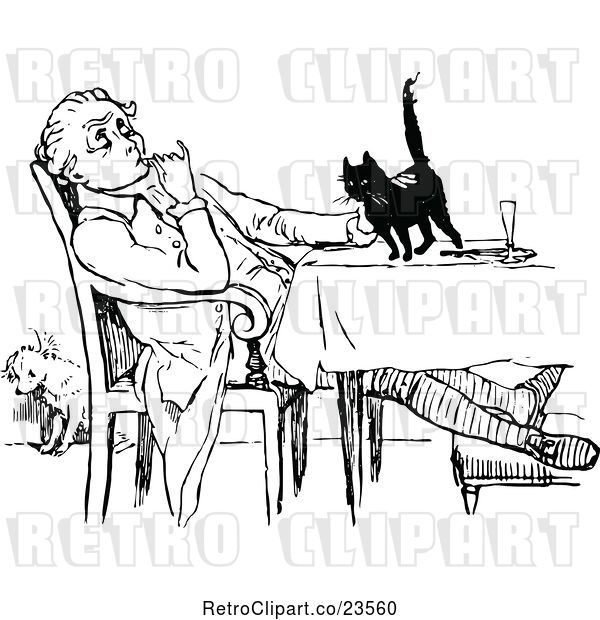 Vector Clip Art of Retro Guy Petting a Cat on a Table