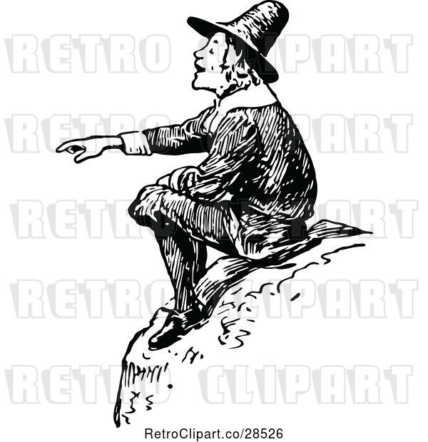 Vector Clip Art of Retro Guy Pointing and Sitting