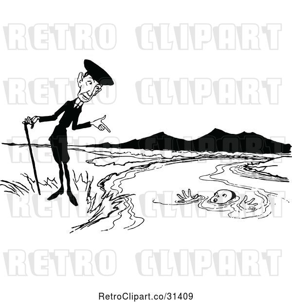 Vector Clip Art of Retro Guy Pointing at a Boy Drowning
