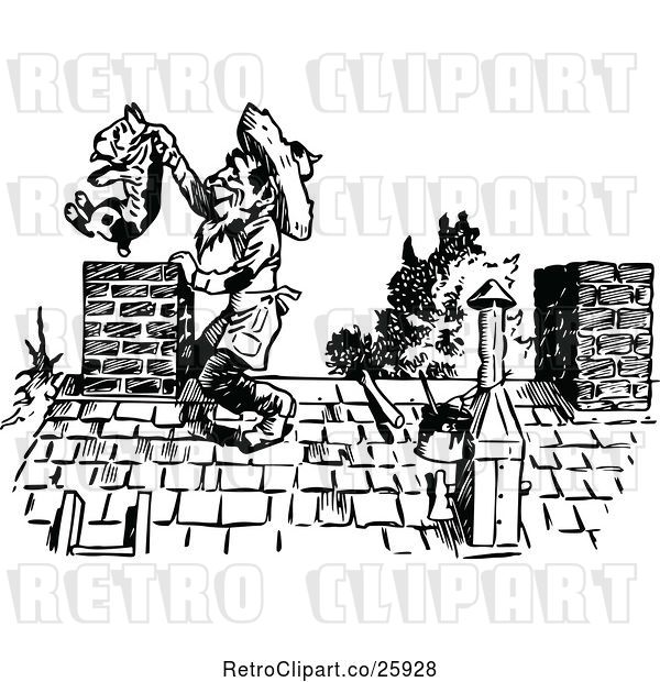 Vector Clip Art of Retro Guy Pulling a Dog from a Chimney
