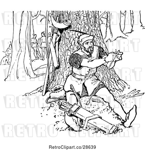 Vector Clip Art of Retro Guy Repairing an Arrow in the Forest