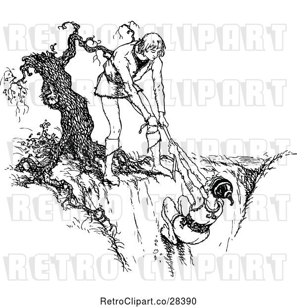 Vector Clip Art of Retro Guy Rescuing a Girl from a Cliff