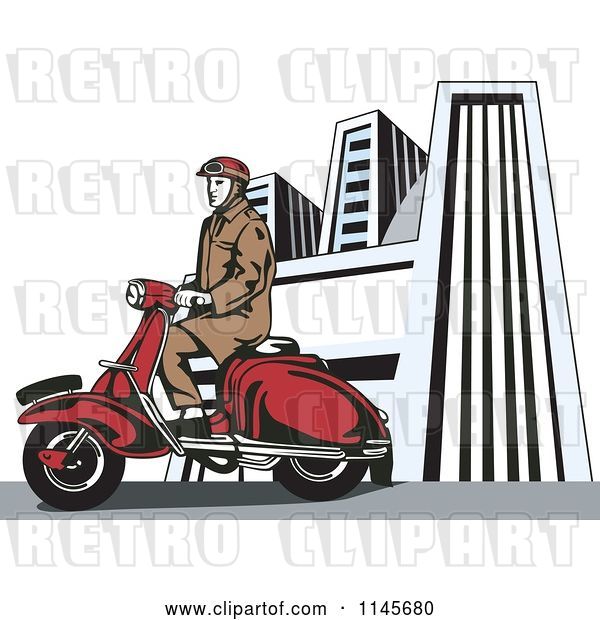 Vector Clip Art of Retro Guy Riding a Vespa in a City