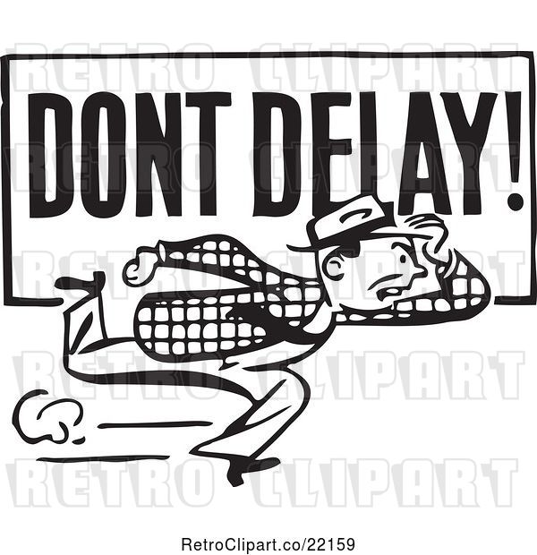 Vector Clip Art of Retro Guy Running with a Dont Delay Sign