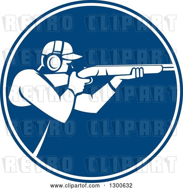 Vector Clip Art of Retro Guy Shooting a Rifle in a Blue and White Circle