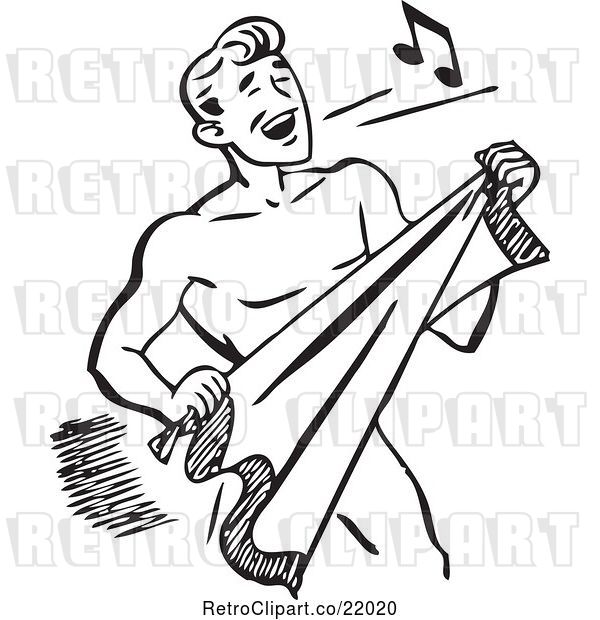Vector Clip Art of Retro Guy Singing and Drying off with a Towel