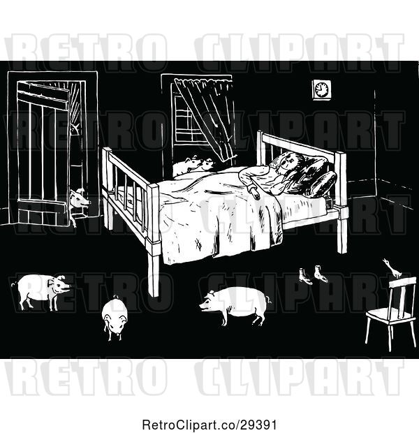 Vector Clip Art of Retro Guy Sleeping with Pigs in His Room