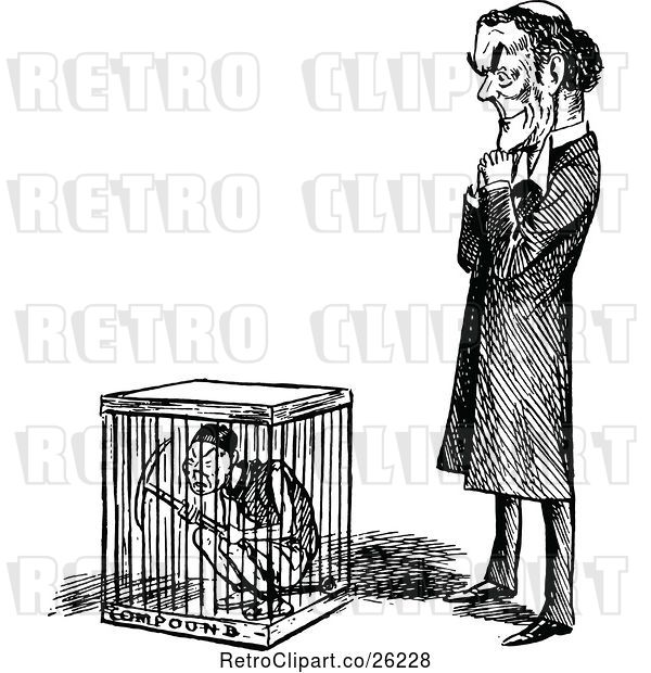 Vector Clip Art of Retro Guy Standing by Another in a Cage