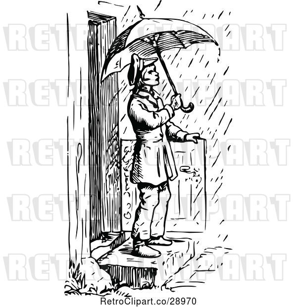 Vector Clip Art of Retro Guy Stepping into the Rain with an Umbrella