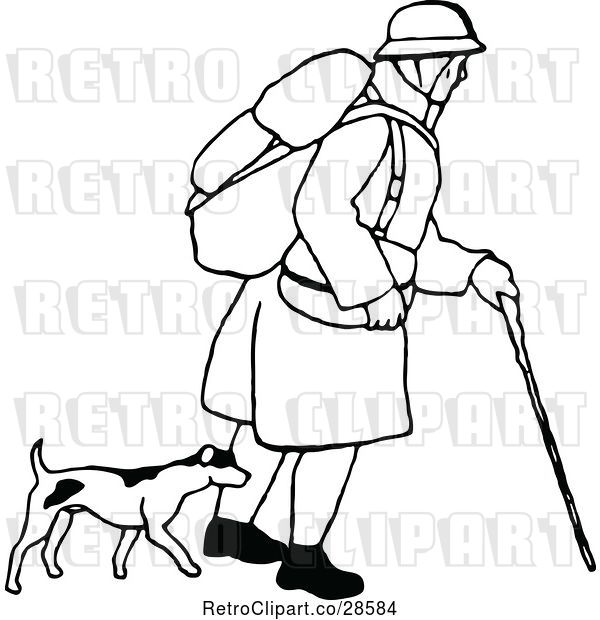 Vector Clip Art of Retro Guy Trekking with a Dog