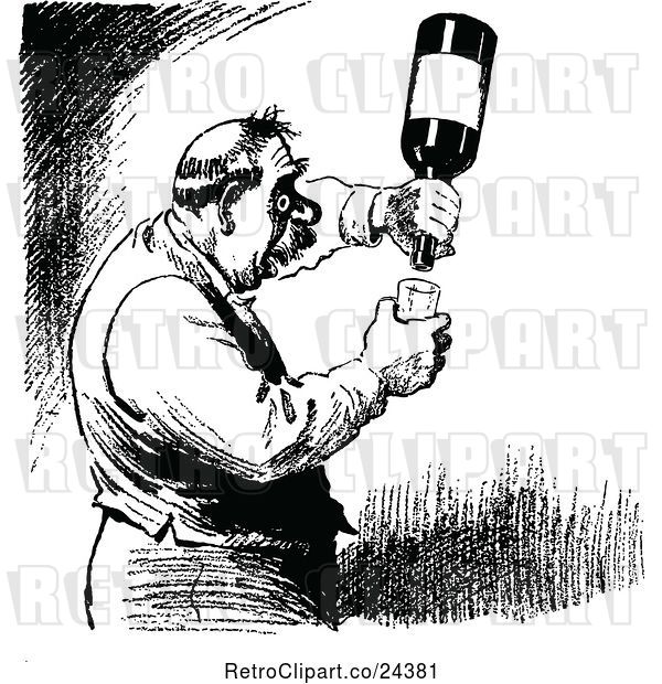 Vector Clip Art of Retro Guy Trying to Get a Drop out of a Wine Bottle