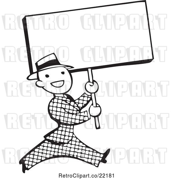 Vector Clip Art of Retro Guy Walking with a Blank Sign