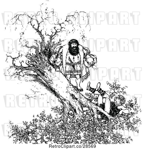 Vector Clip Art of Retro Guy Watching Another in a Falling Tree