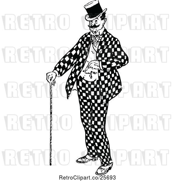 Vector Clip Art of Retro Guy with a Cane and Checkered Suit