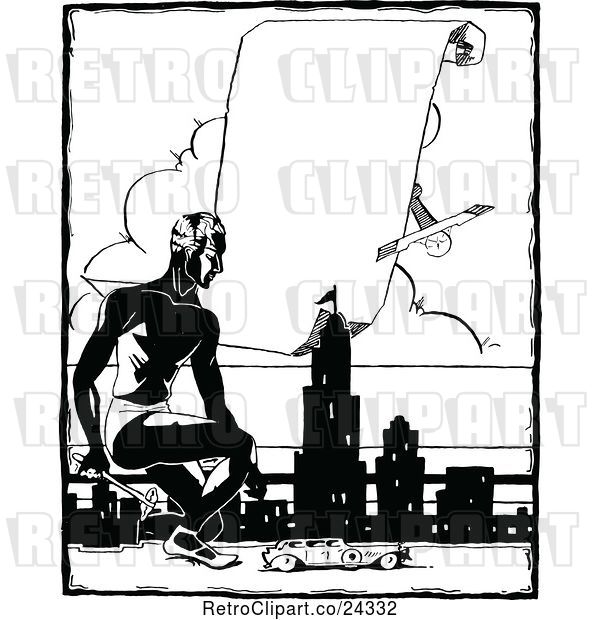 Vector Clip Art of Retro Guy with a City and Sign