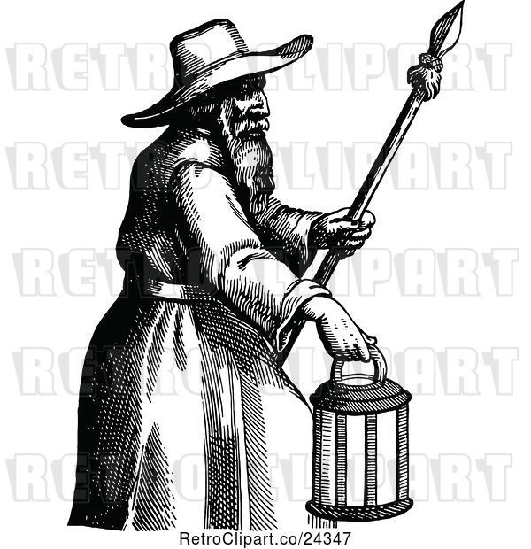 Vector Clip Art of Retro Guy with a Spear and Lantern