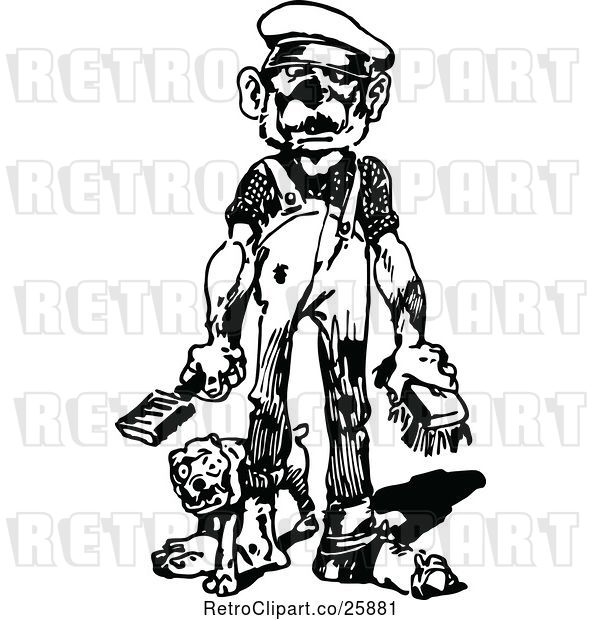 Vector Clip Art of Retro Guy with Brushes and a Dog
