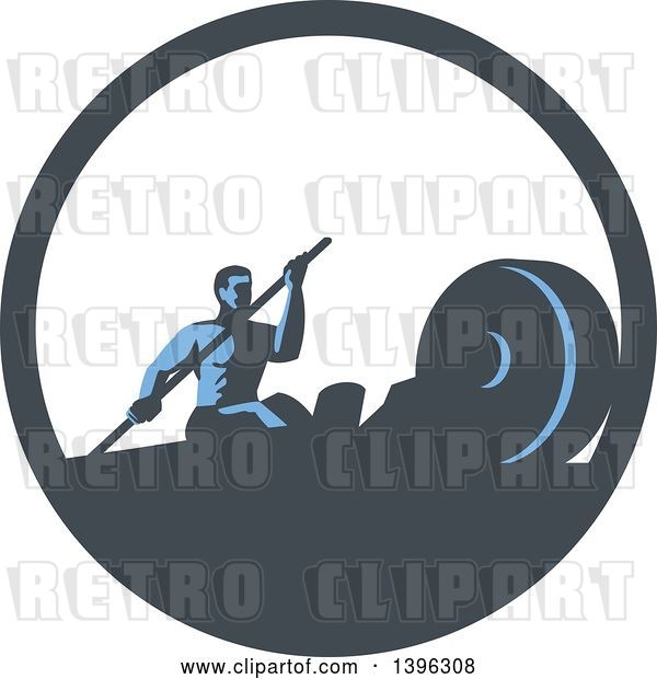 Vector Clip Art of Retro Guy Working out with a Paddle on a Rowing Machine in a Blue and White Circle