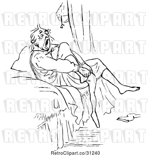 Vector Clip Art of Retro Guy Yawning and Climbing into Bed