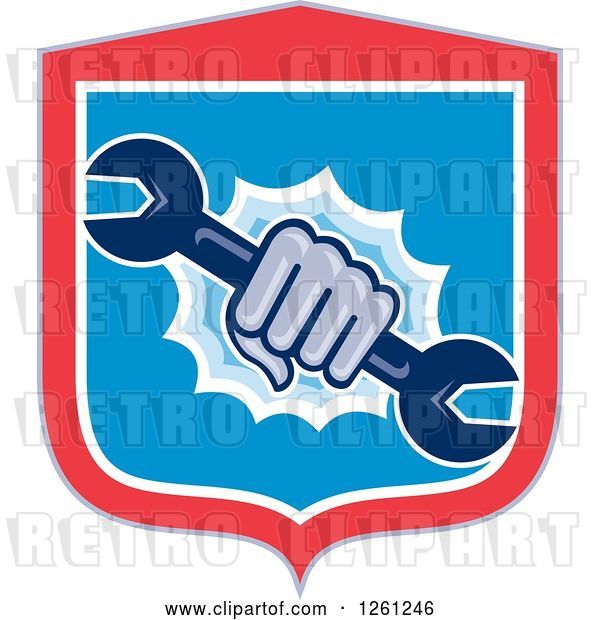 Vector Clip Art of Retro Hand Breaking Through a Shield with a Spanner Wrench