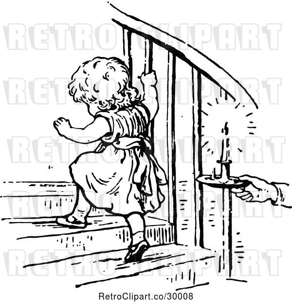 Vector Clip Art of Retro Hand Holding a Candle Behind a Girl Going up Stairs