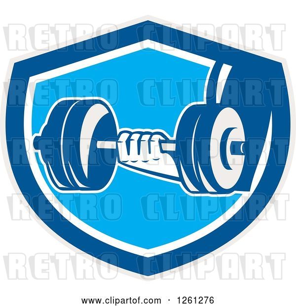 Vector Clip Art of Retro Hand Holding a Dumbbell in a Blue Gray and White Shield