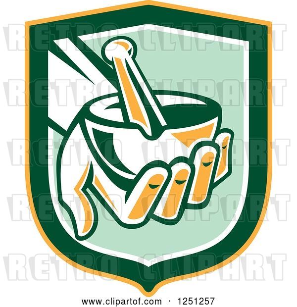 Vector Clip Art of Retro Hand Holding a Mortar and Pestle in a Green and Yellow Shield