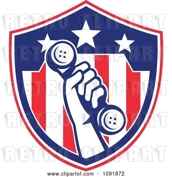Vector Clip Art of Retro Hand Holding a Phone up over an American Flag Shield