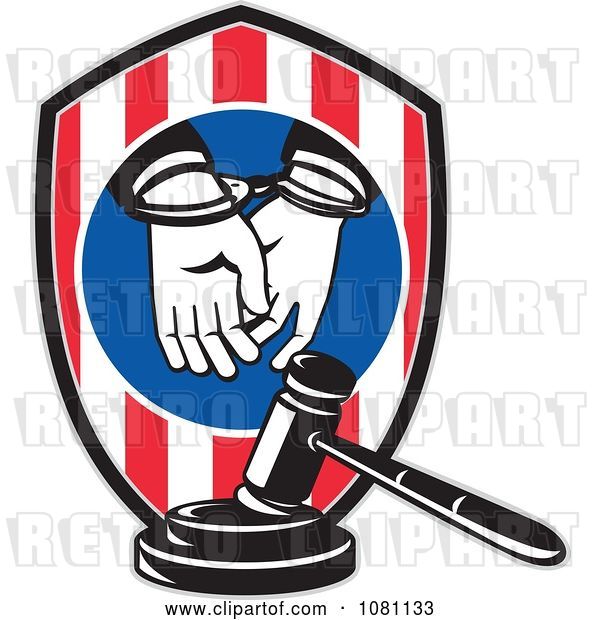 Vector Clip Art of Retro Handcuffed Convict Shield and Judge Gavel