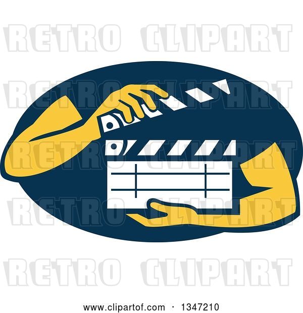 Vector Clip Art of Retro Hands Holding a Clapperboard in a Navy Blue Oval