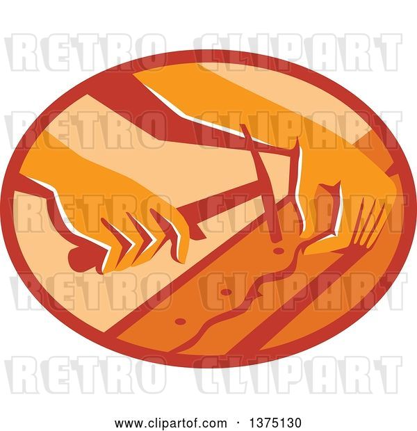 Vector Clip Art of Retro Hands of a Furniture Upholsterer Using a Hammer in an Oval