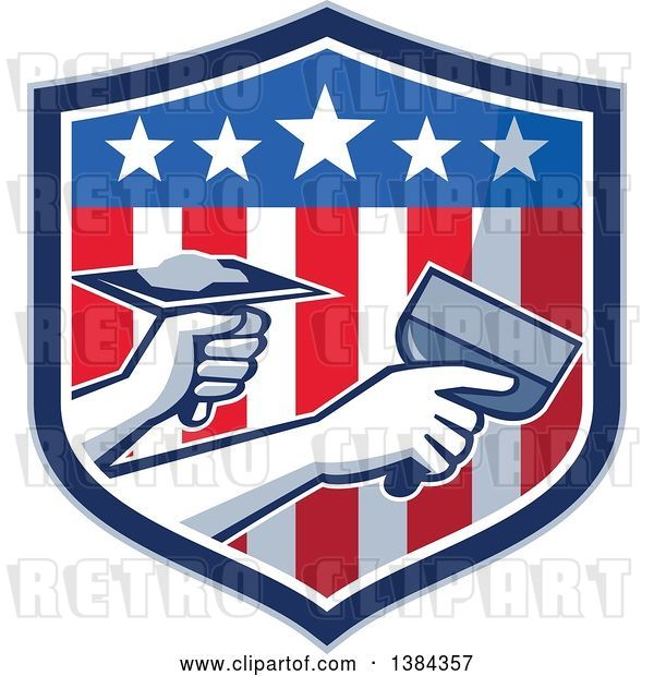 Vector Clip Art of Retro Hands of a Plasterer Repairing Drywall with Putty Knife and Hawk in an American Themed Shield