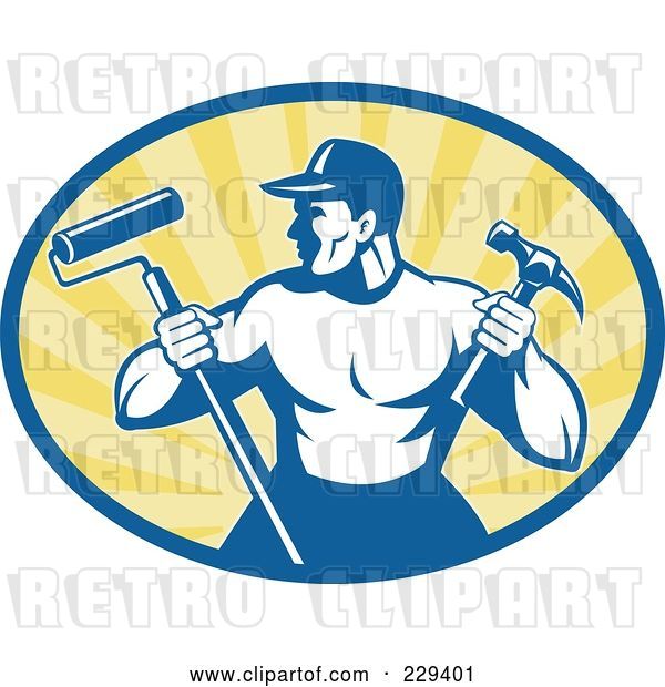 Vector Clip Art of Retro Handyman Holding a Paint Roller and Hammer Logo