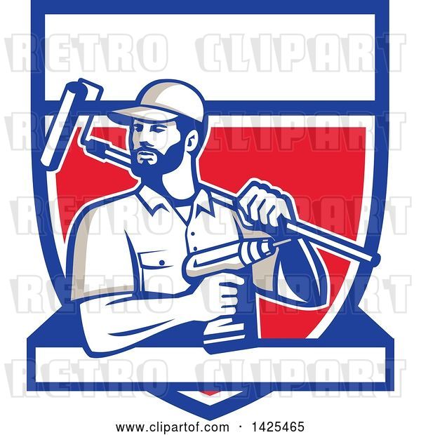 Vector Clip Art of Retro Handyman Holding a Paint Roller over His Shoulder and a Cordless Drill in Hand, Emerging from a Shield with a Blank Banner