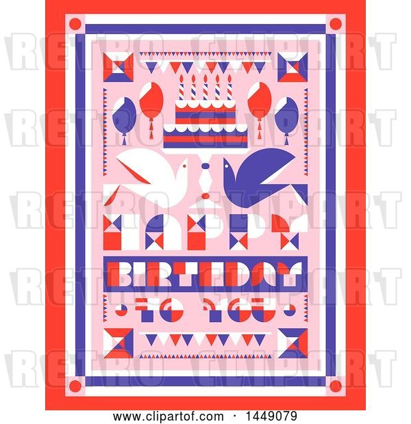 Vector Clip Art of Retro Happy Birthday to You Greeting with Doves and a Cake