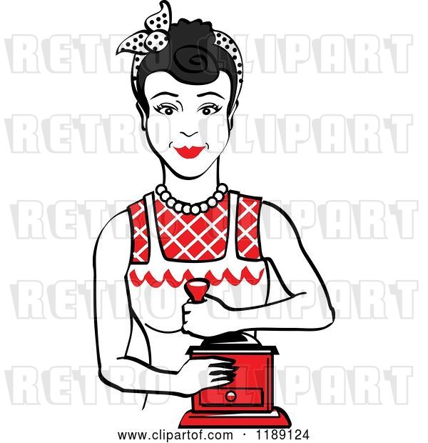 Vector Clip Art of Retro Happy Black Haired Housewife Using a Manual Coffee Grinder 2