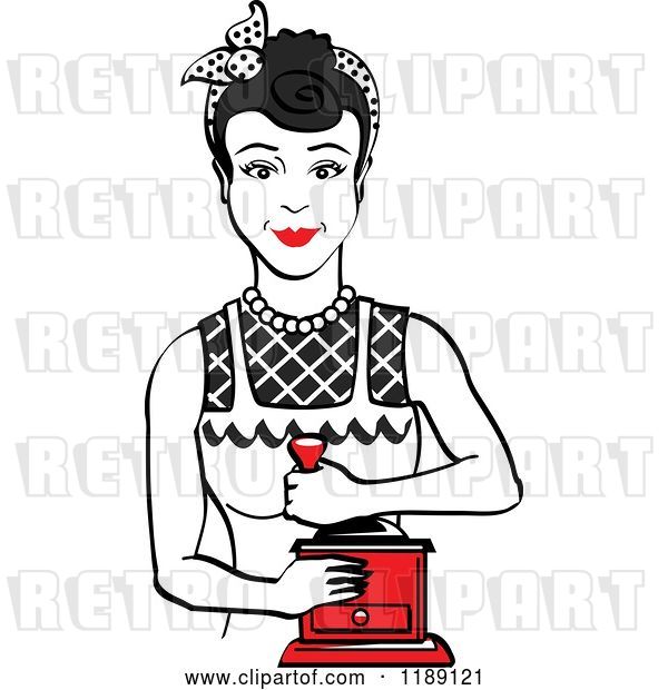 Vector Clip Art of Retro Happy Black Haired Housewife Using a Manual Coffee Grinder