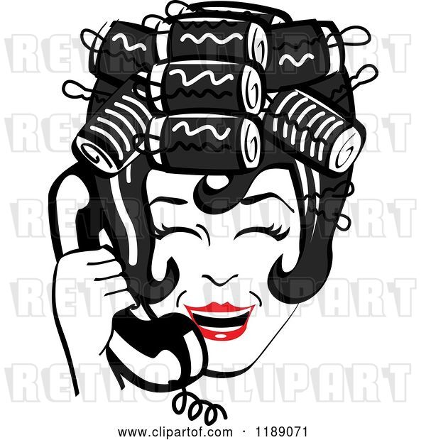 Vector Clip Art of Retro Happy Black Haired Housewife with Her Hair up in Curlers, Laughing While Talking on a Landline Telephone