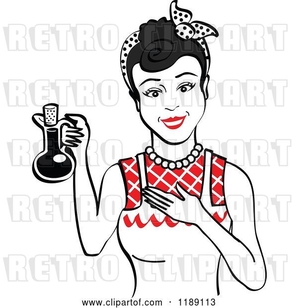 Vector Clip Art of Retro Happy Black Haired Lady in an Apron, Holding up a Bottle of Cooking Oil 2