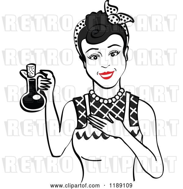 Vector Clip Art of Retro Happy Black Haired Lady in an Apron, Holding up a Bottle of Cooking Oil