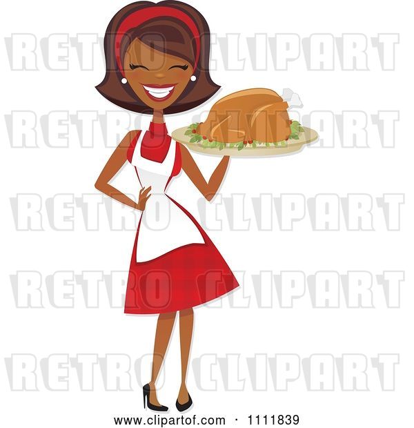 Vector Clip Art of Retro Happy Black Lady Carrying a Roasted Thanksgiving or Christmas Turkey on a Platter