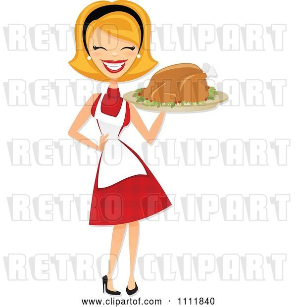 Vector Clip Art of Retro Happy Blond Lady Carrying a Roasted Thanksgiving or Christmas Turkey on a Platter