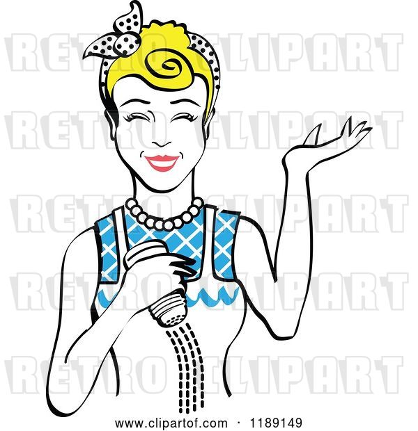 Vector Clip Art of Retro Happy Blond Lady Shrugging and Using a Salt Shaker 3