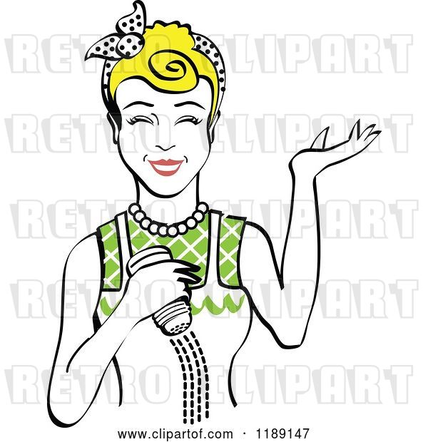 Vector Clip Art of Retro Happy Blond Lady Shrugging and Using a Salt Shaker 4