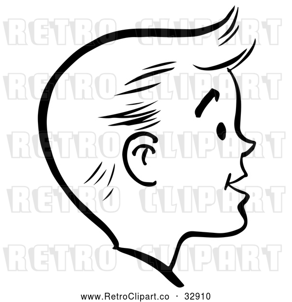 Vector Clip Art of Retro Happy Boy Face in Profile, in Black and White