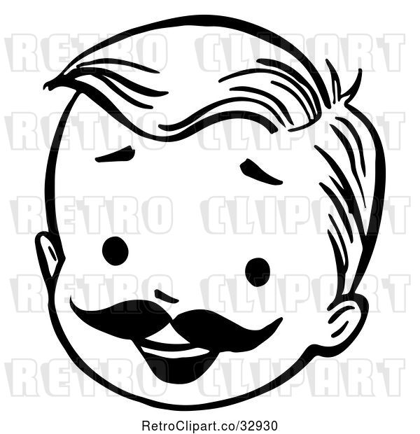 Vector Clip Art of Retro Happy Boy Face with a Mustache in