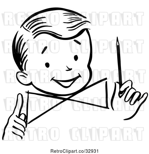 Vector Clip Art of Retro Happy Boy Holding a Pencil, in